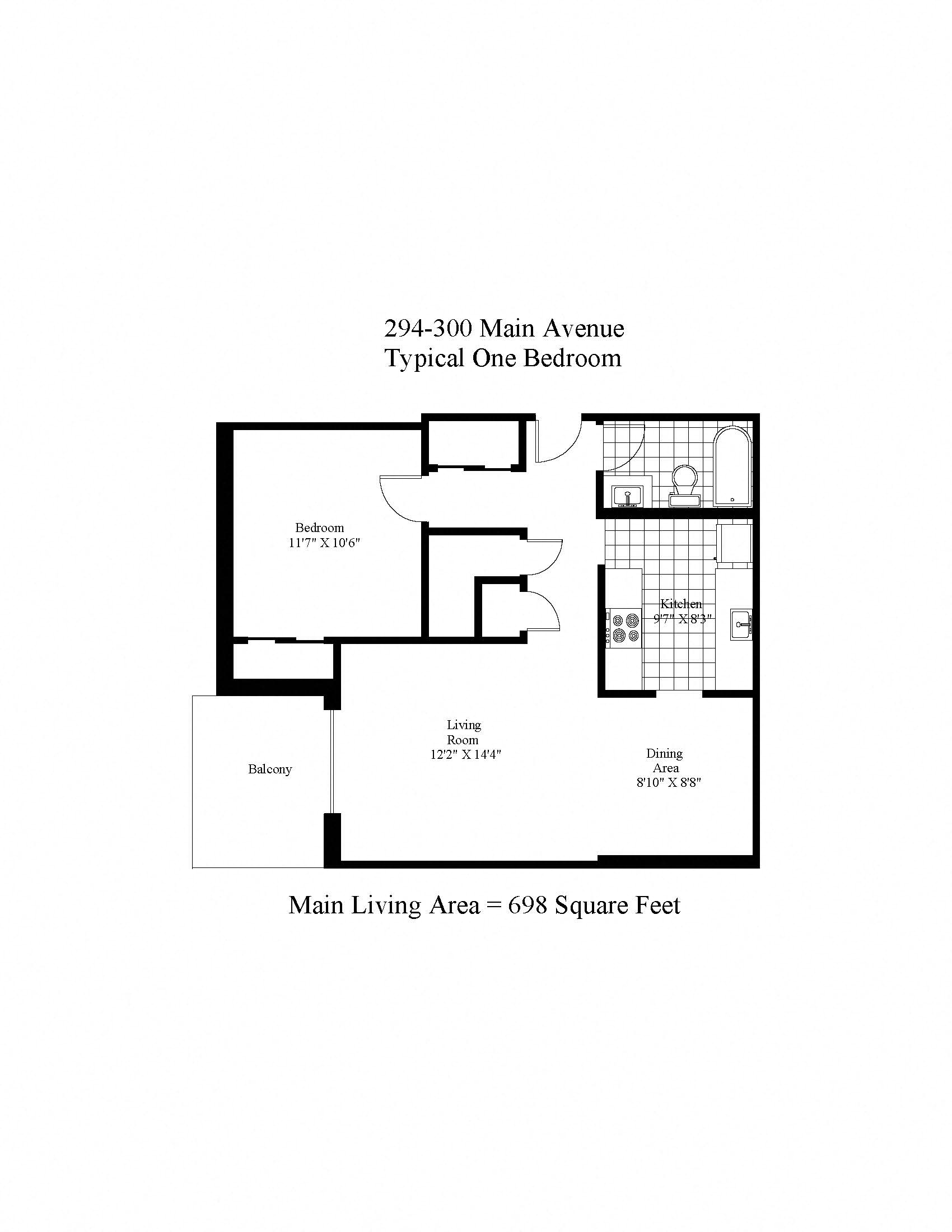 Floor plan for 1 bed, 1 bath, 698 sqft